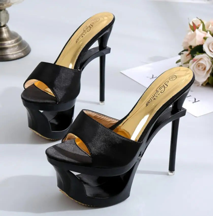 Shoes Woman Summer Slippers Sliders Female+Shoes Platform Silk Strange Style Heel 15cm Satin Face Shoes Sandalias Mujer