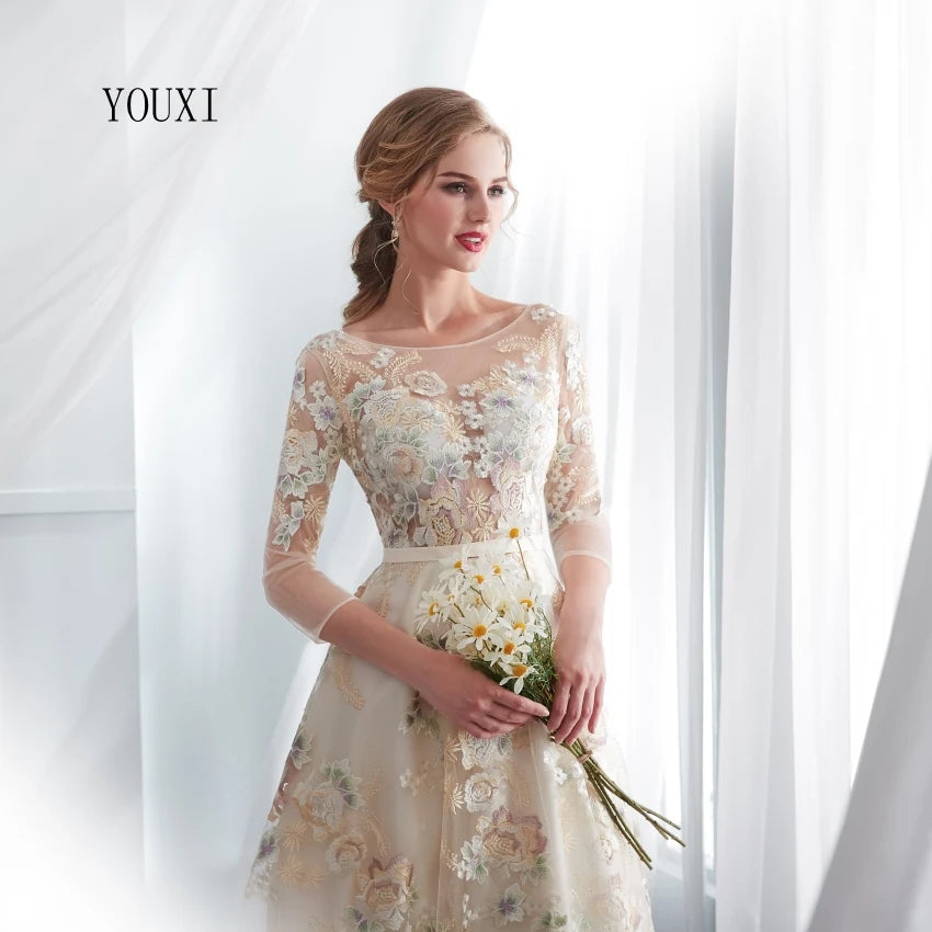 Floral Prom Dresses Lace 3/4 Sleeves A-line Champagne Belt Empire Waist Long Evening Gowns Vestido De Formatura