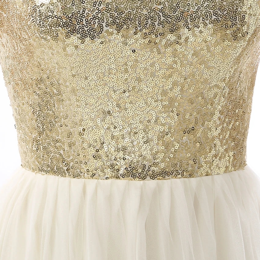 Charmming Chiffon Tulle with Top Champagne Gold Sequin Bridesmaid Dresses Formal Prom Dress 2023 Long Special Occasion Dresses