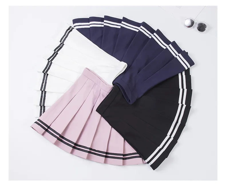 Students School Preppy High Waist A-Line Girls Two Striped Stitching Sailor Pleated Skirt Dance Zipper Skirt