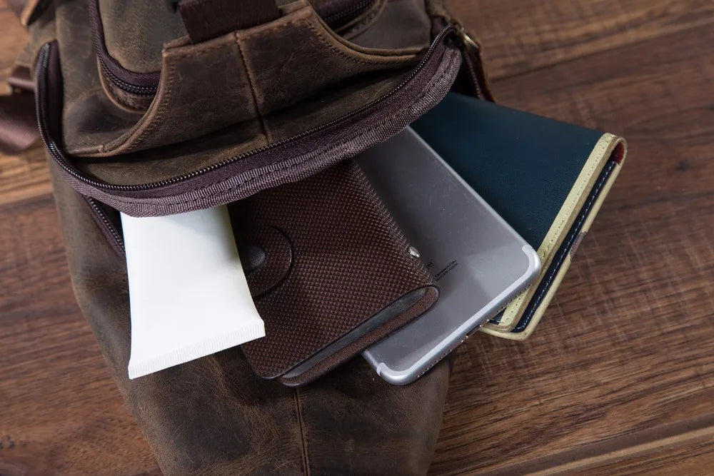 Men Original Crazy horse Leather Casual Triangle Crossbody Chest Sling Bag Design Travel One Shoulder Bag Daypack Male 8015