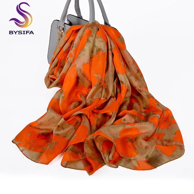 white100% Silk Scarf Women Scarves Bufandas Summer Beach Shawls Foulard Fall Winter Brand Flower Design Long Neck Scarves Hijabs orange khaki