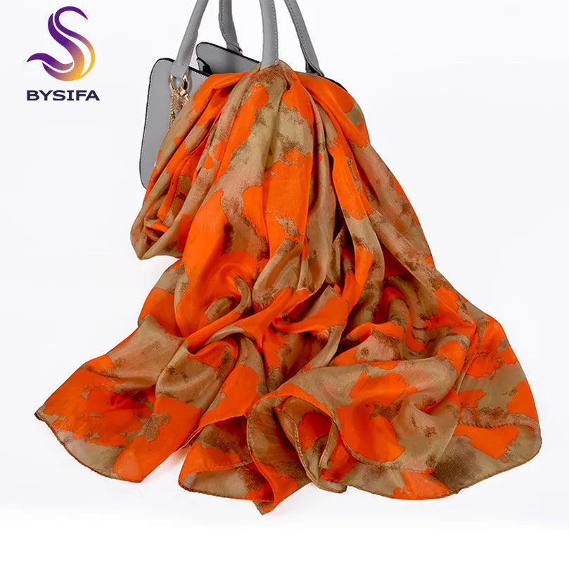 100% Mulberry Silk Scarf Shawl Brand Plum Bossom Design Blue Green Summer Beach Silk Shawls Scarfs Fall Winter Neck Head Scarf orange khaki