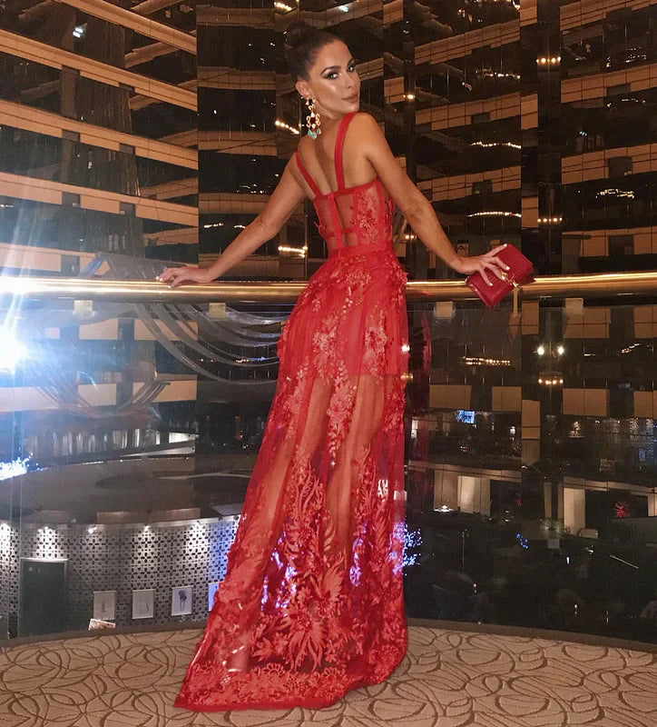 High Quality Red Lace Sleeveless Hollow Out Long Rayon Bandage Dress Evening Party Cute Dress