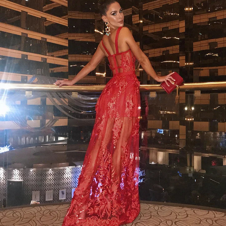 Red Lace Sleeveless Hollow Out Long Rayon Bandage Dress Evening Party Cute Dress