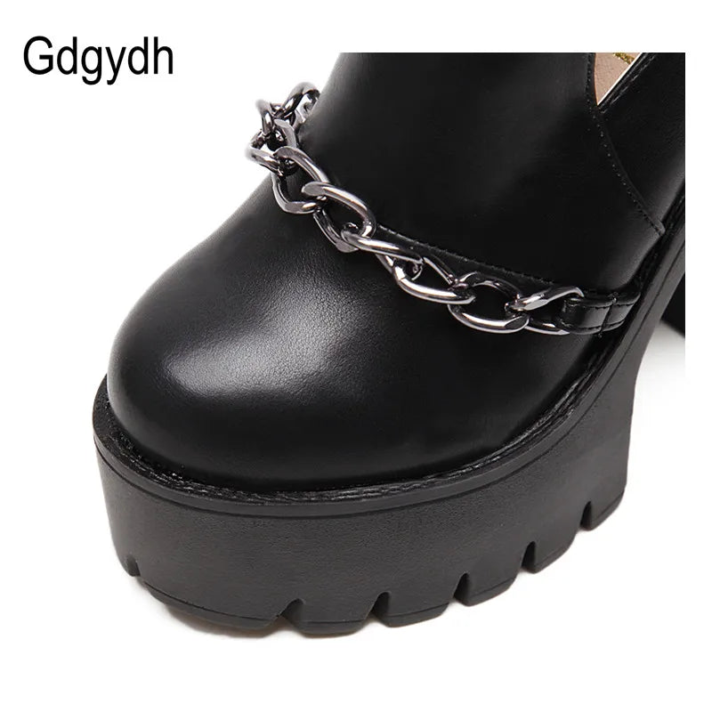 Spring Autumn Fashion Ankle Boots for Women High Heels Casual Cut-outs Buckle Round Toe Chain Thick Heels Platform Shoes