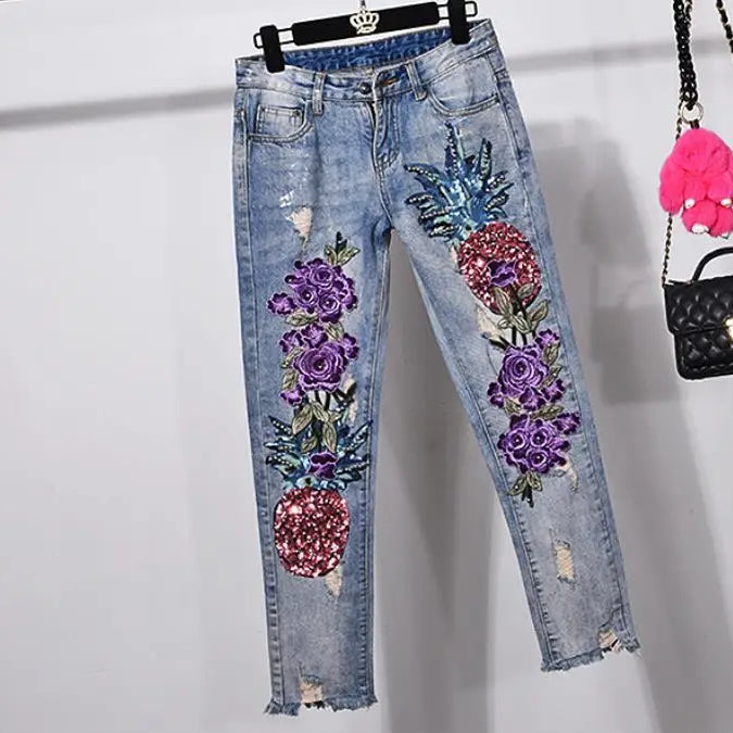 two pieces sets spring new fashion women hole pineapple sequin embroidery flower denim jacket+skinny jeans