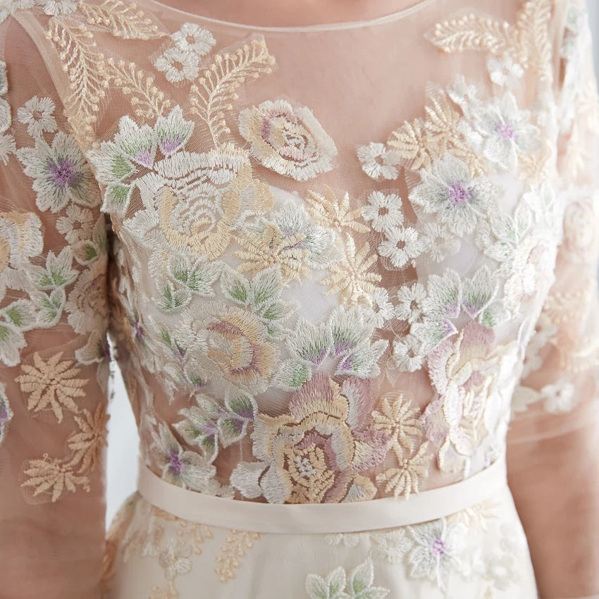 Floral Prom Dresses Lace 3/4 Sleeves A-line Champagne Belt Empire Waist Long Evening Gowns Vestido De Formatura