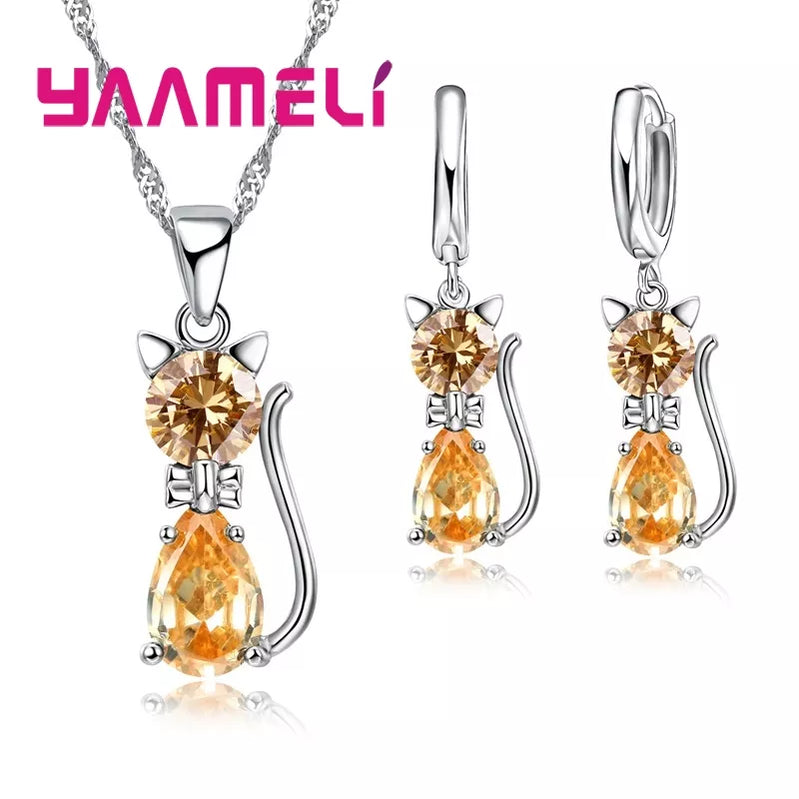 925 Sterling Silver Color Jewelry Sets for Woman Girls Shining Austrian Crystal Cute Cat Pendant Necklace Huggie Earring Yellow