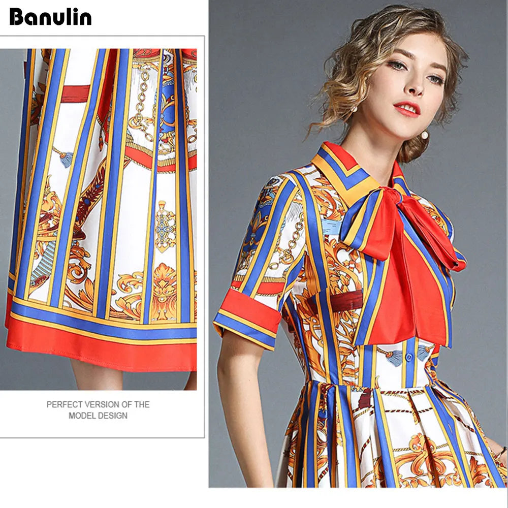 Banulin ALTA QUALIDADE 2020 Mais novo vestido de verão de designer de passarela feminino manga curta gola listrada laço midi vestido