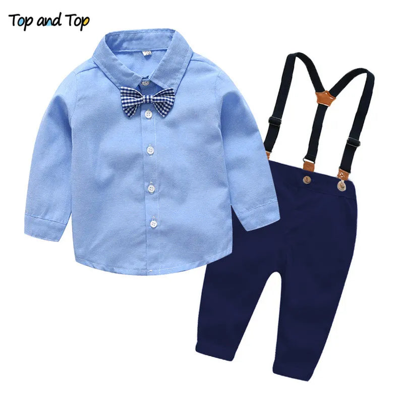 Top and Top Boys Gentleman Clothing Sets Autumn Kids Formal Suits Long Sleeve Shirt+Suspenders Trousers Casual Boy Clothes Blue