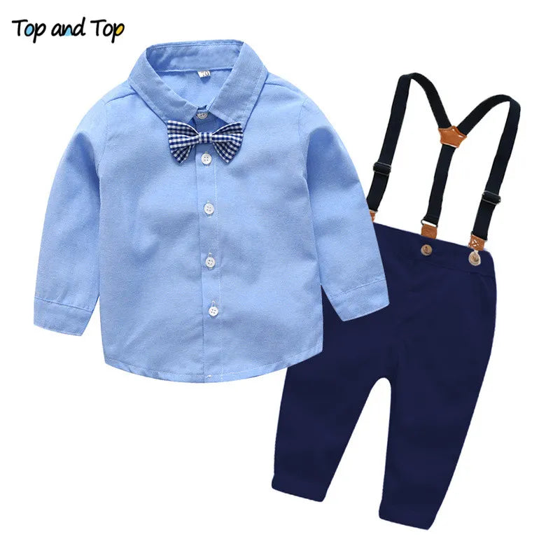 Top and Top Boys Gentleman Clothing Sets Autumn Kids Formal Suits Long Sleeve Shirt+Suspenders Trousers Casual Boy Clothes Blue