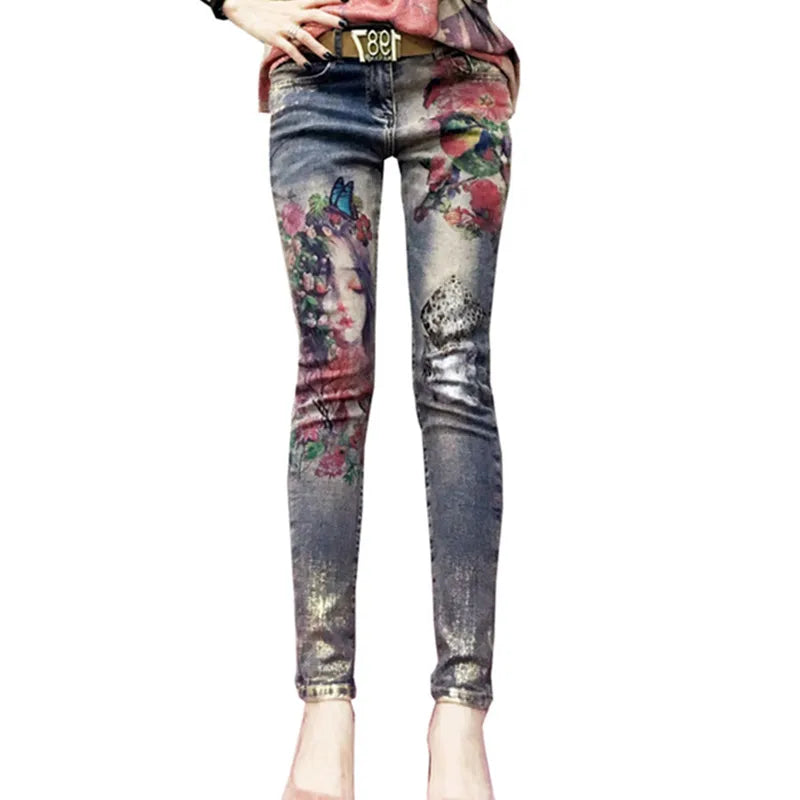3D Stretchy Jeans With 3D Flowers Pattern Painted Pencil Pants Woman Elegant Style Denim Pants Trousers For Women Jeans 8001