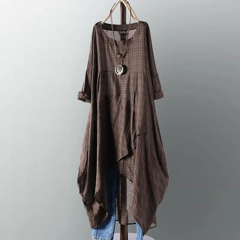 Asymmetrical Midi Dress Womens Check Dress Female Long Sleeve Plaid Vestidos Summer Sundress Casual Shirt Robe Coffee