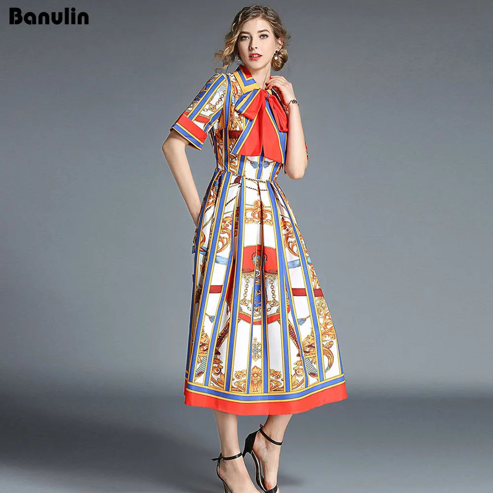 Banulin ALTA QUALIDADE 2020 Mais novo vestido de verão de designer de passarela feminino manga curta gola listrada laço midi vestido