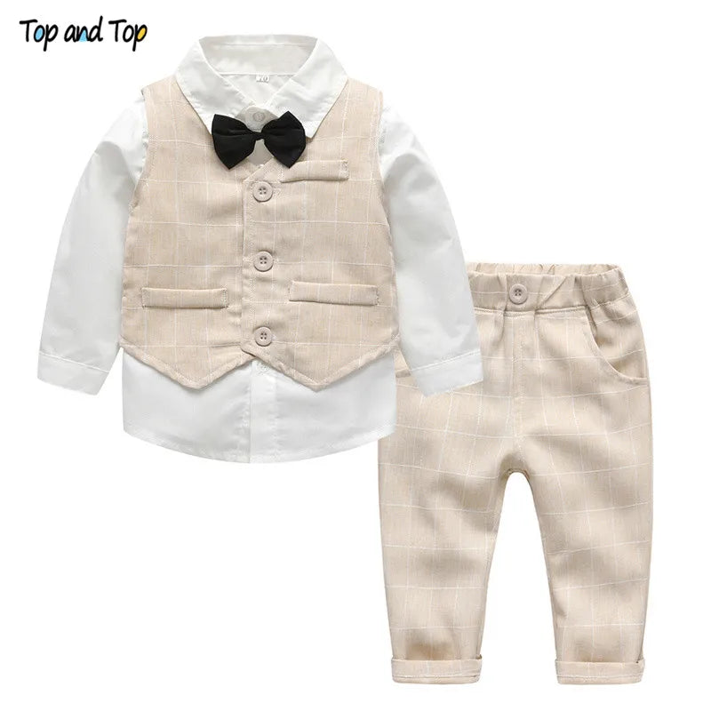 Top and Top Fashion Autumn Infant Clothing Set Kids Baby Boy Suit Gentleman Wedding Formal Vest Tie Shirt Pant 4Pcs Clothes Sets Beige