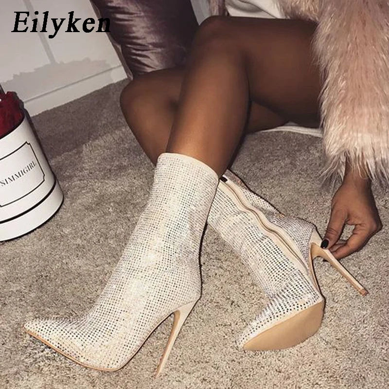 Plus Size 35-42 Woman Ankle Boots Rhinestones High Heels Shoes Zipper Pointed Toe Sexy Motorcycle Booties For Females
