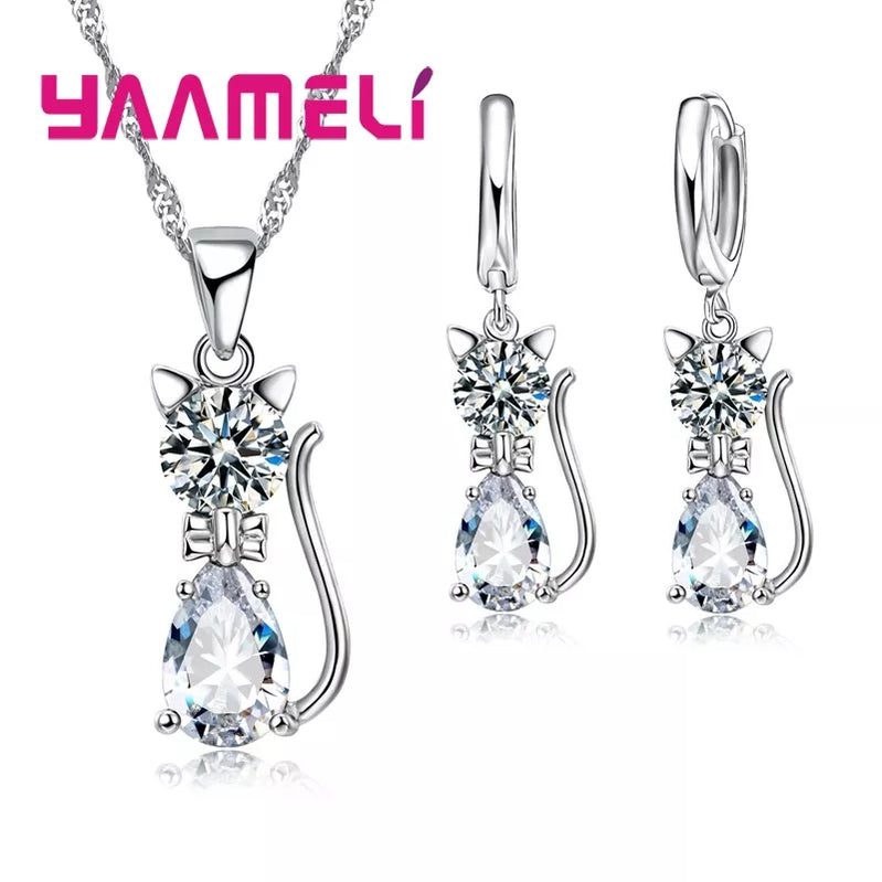 925 Sterling Silver Color Jewelry Sets for Woman Girls Shining Austrian Crystal Cute Cat Pendant Necklace Huggie Earring White