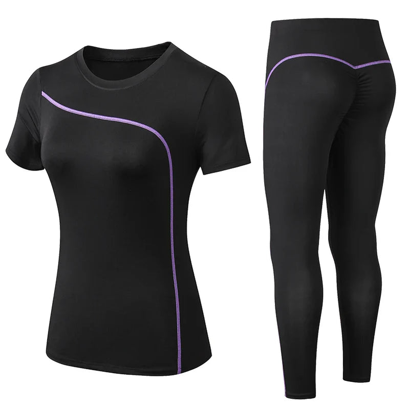 Yoga Set Quick Dry 2 Piece Female Short-sleeved long Pants Outdoor Sportswear Fitness suit Plus Size Sport outfit for woman PURPLE CHINA