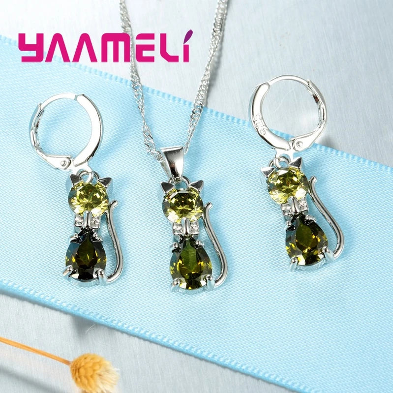 925 Sterling Silver Color Jewelry Sets for Woman Girls Shining Austrian Crystal Cute Cat Pendant Necklace Huggie Earring
