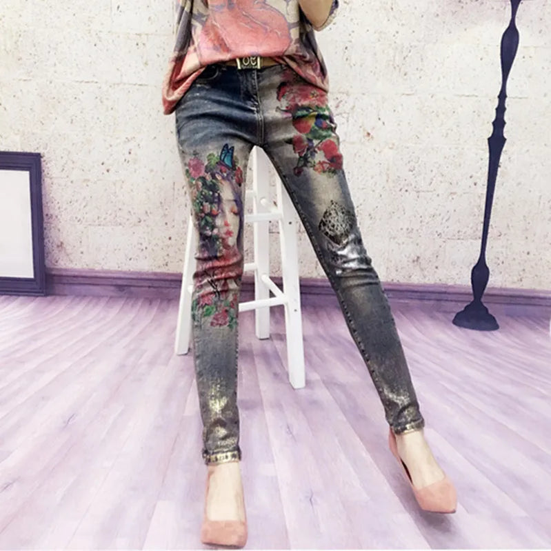 3D Stretchy Jeans With 3D Flowers Pattern Painted Pencil Pants Woman Elegant Style Denim Pants Trousers For Women Jeans