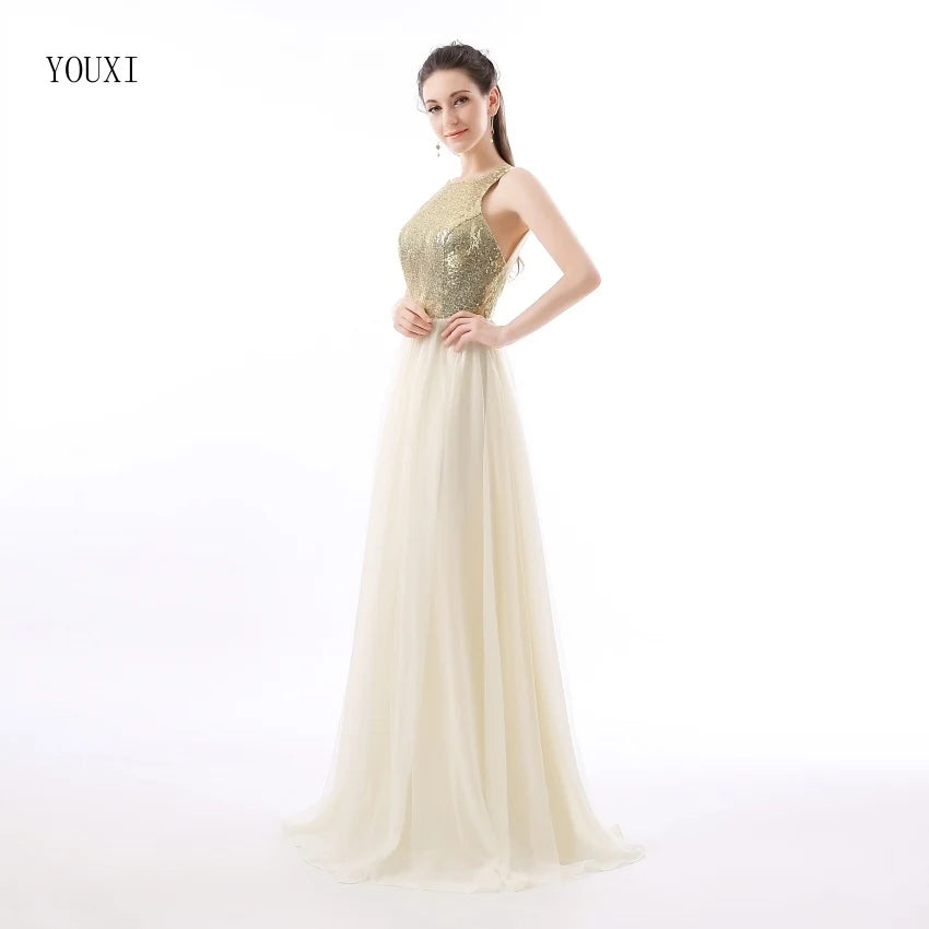 Charmming Chiffon Tulle with Top Champagne Gold Sequin Bridesmaid Dresses Formal Prom Dress 2023 Long Special Occasion Dresses picture color