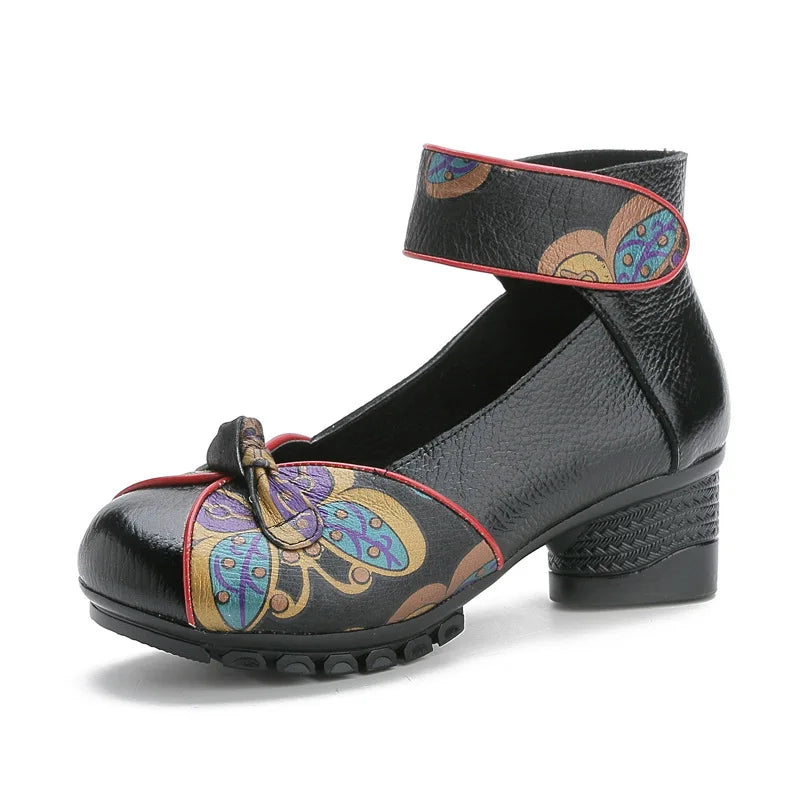 Women Pumps Casual Style Square Med Heel Spring Elegant Shallow Ladies Thick with Shoes Genuine Leather Sandals XT00161-Black