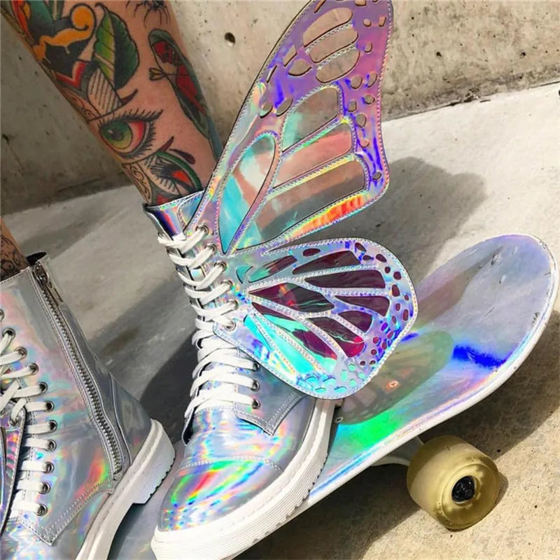 Butterfly Wings Women Shoes Shine Silver Leather Flat Sneakers Lace Up Women's ankle boots high-top Leisure Platform Shoes