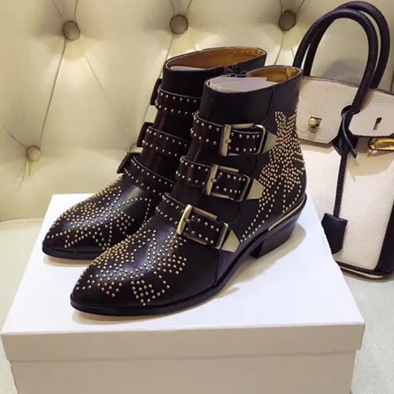 Women's Ankle Boots Rivet Flower Susanna Studded Cowboy Boots Genuine Leather Luxury Shoes Ladies Botines Mujer