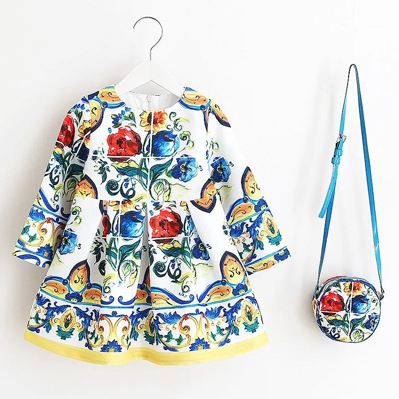 Long Sleeve Dress Girl Dress 2024 Autumn Winter Floral Print Toddler Girl Dresses Kids Clothes Children Dress with Bag