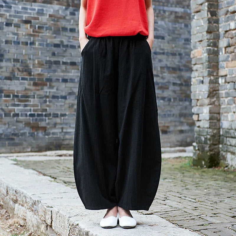 Johnature Casual Style Cotton Linen Women Pants Spring Summer New Elastic Waist Solid Color Women Vintage Wide Leg Pants