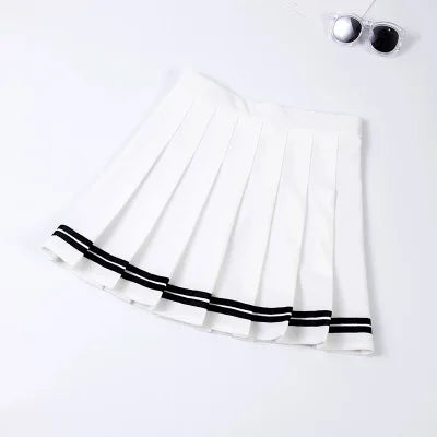 Students School Preppy High Waist A-Line Girls Two Striped Stitching Sailor Pleated Skirt Dance Zipper Skirt