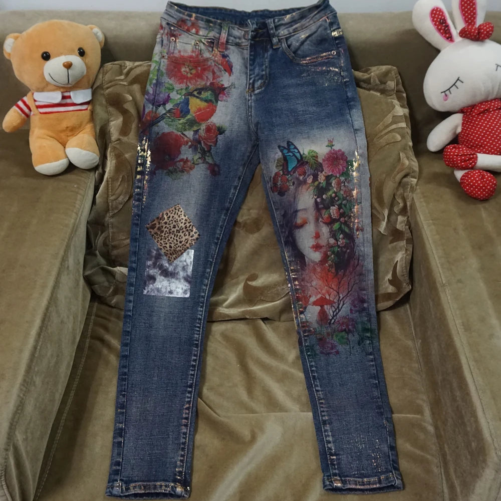 3D Stretchy Jeans With 3D Flowers Pattern Painted Pencil Pants Woman Elegant Style Denim Pants Trousers For Women Jeans