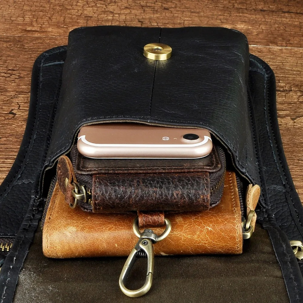 Leather Multipurpose Men Travel Mochila Crossbody Messenger Bag Hook Belt Waist Pack Drop Leg Phone Case Bag