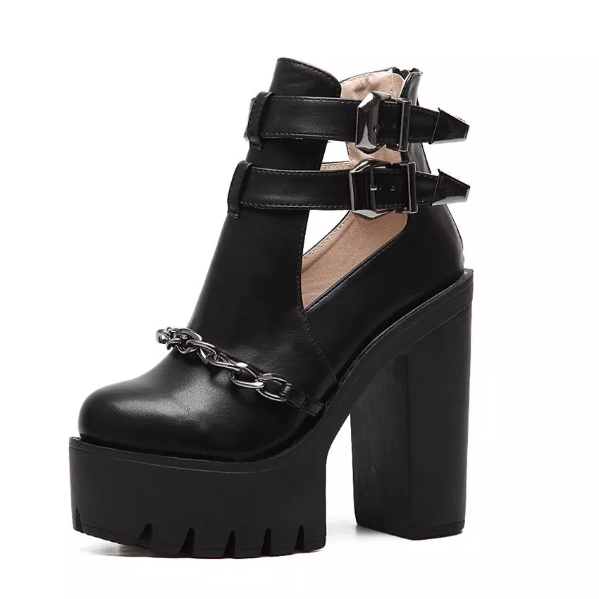 Spring Autumn Fashion Ankle Boots for Women High Heels Casual Cut-outs Buckle Round Toe Chain Thick Heels Platform Shoes black shoes