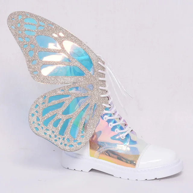Asas de borboleta Sapatos femininos Shine Silver Couro Tênis baixos Cadarço Botas femininas de cano alto Sapatos plataforma de lazer