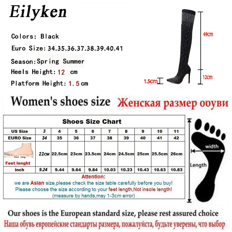 Fashion Runway Crystal Stretch Fabric Sock Over-the-Knee Boot Thigh High Pointed Toe Woman Stiletto Heel Shoes