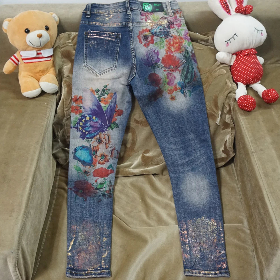 3D Stretchy Jeans With 3D Flowers Pattern Painted Pencil Pants Woman Elegant Style Denim Pants Trousers For Women Jeans