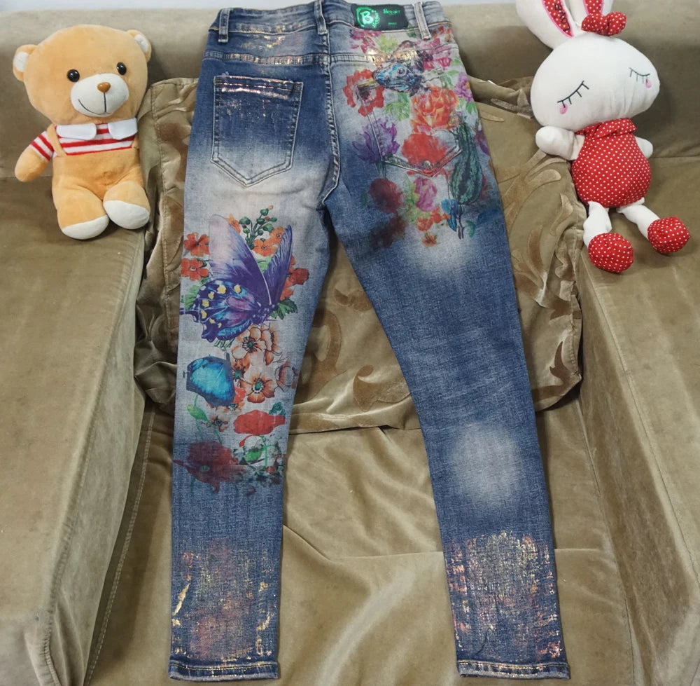 3D Stretchy Jeans With 3D Flowers Pattern Painted Pencil Pants Woman Elegant Style Denim Pants Trousers For Women Jeans
