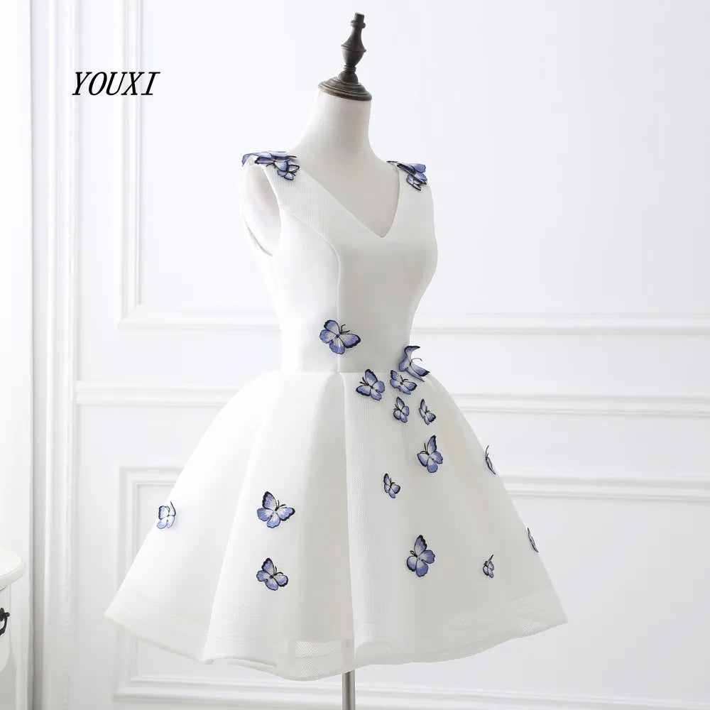 Short Prom Dresses Graduation V-Neck White Blue Flowers Real Photos Party Formal Gown YOUXI