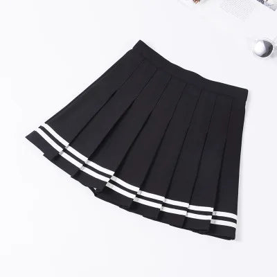 Students School Preppy High Waist A-Line Girls Two Striped Stitching Sailor Pleated Skirt Dance Zipper Skirt black