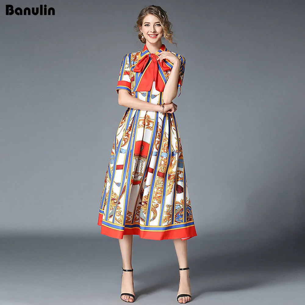 Banulin ALTA QUALIDADE 2020 Mais novo vestido de verão de designer de passarela feminino manga curta gola listrada laço midi vestido
