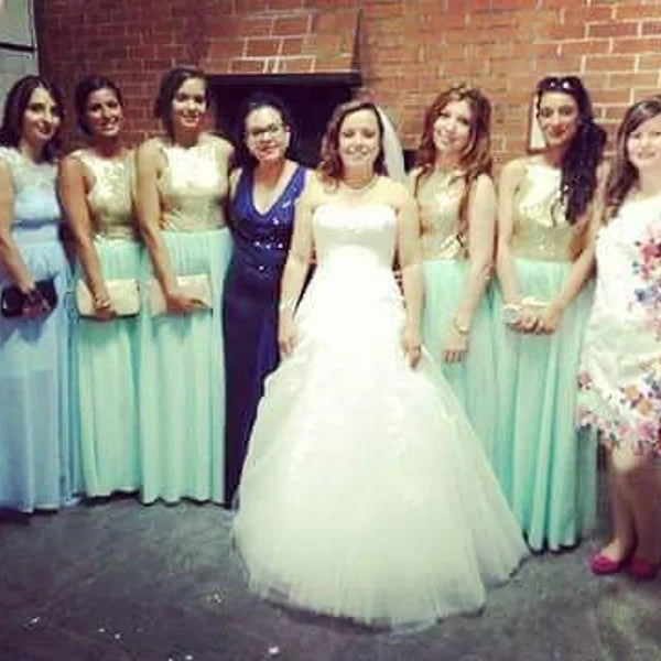 Charmming Chiffon Tulle with Top Champagne Gold Sequin Bridesmaid Dresses Formal Prom Dress 2023 Long Special Occasion Dresses