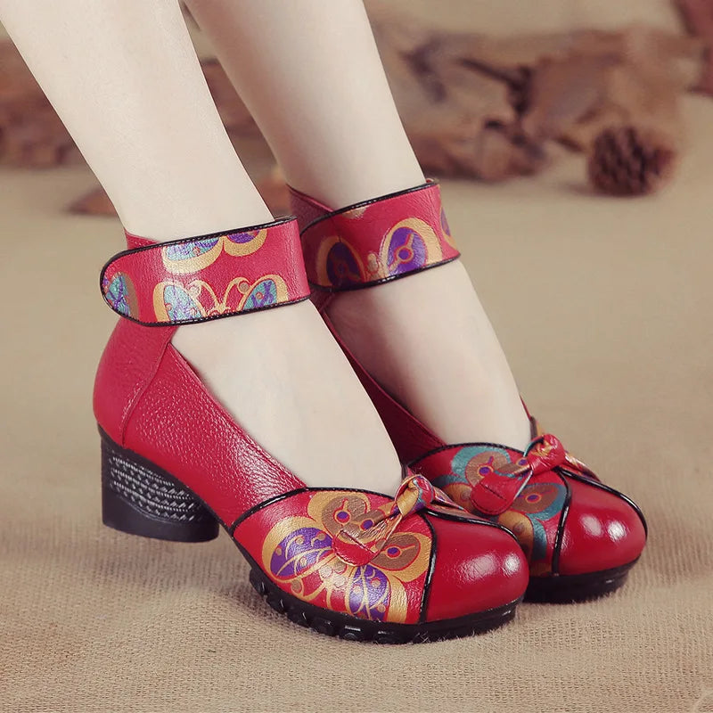 Women Pumps Casual Style Square Med Heel Spring Elegant Shallow Ladies Thick with Shoes Genuine Leather Sandals