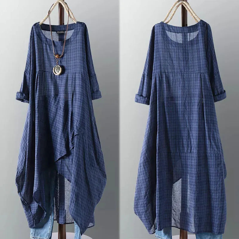 Asymmetrical Midi Dress Womens Check Dress Female Long Sleeve Plaid Vestidos Summer Sundress Casual Shirt Robe