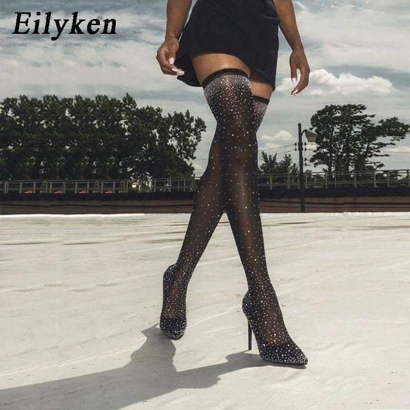 Design Fashion Pointed Toe Bling Over Knee Boots Crystal Long Women Thigh High Heel Sexy Club Sock Botas Mujer