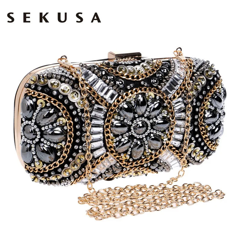 SEKUSA Women's Crystal Evening bag Retro Beaded Clutch Bags Wedding Diamond Beaded Bag Rhinestone Small Shoulder Bags