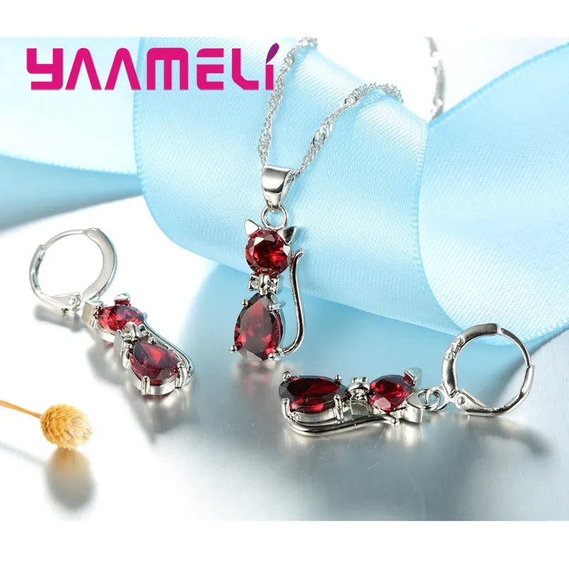 925 Sterling Silver Color Jewelry Sets for Woman Girls Shining Austrian Crystal Cute Cat Pendant Necklace Huggie Earring