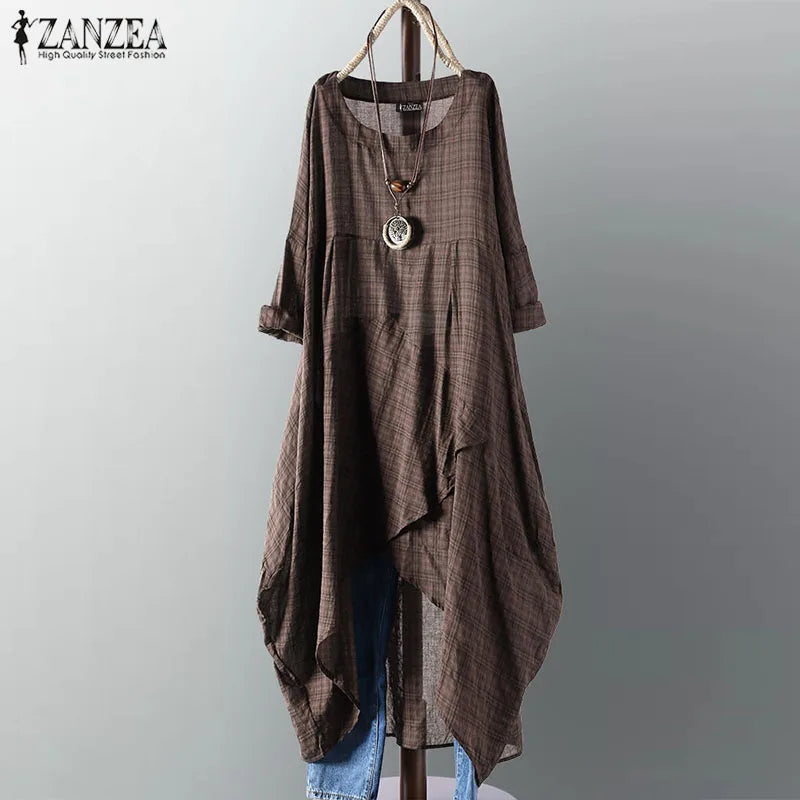 Asymmetrical Midi Dress Womens Check Dress Female Long Sleeve Plaid Vestidos Summer Sundress Casual Shirt Robe