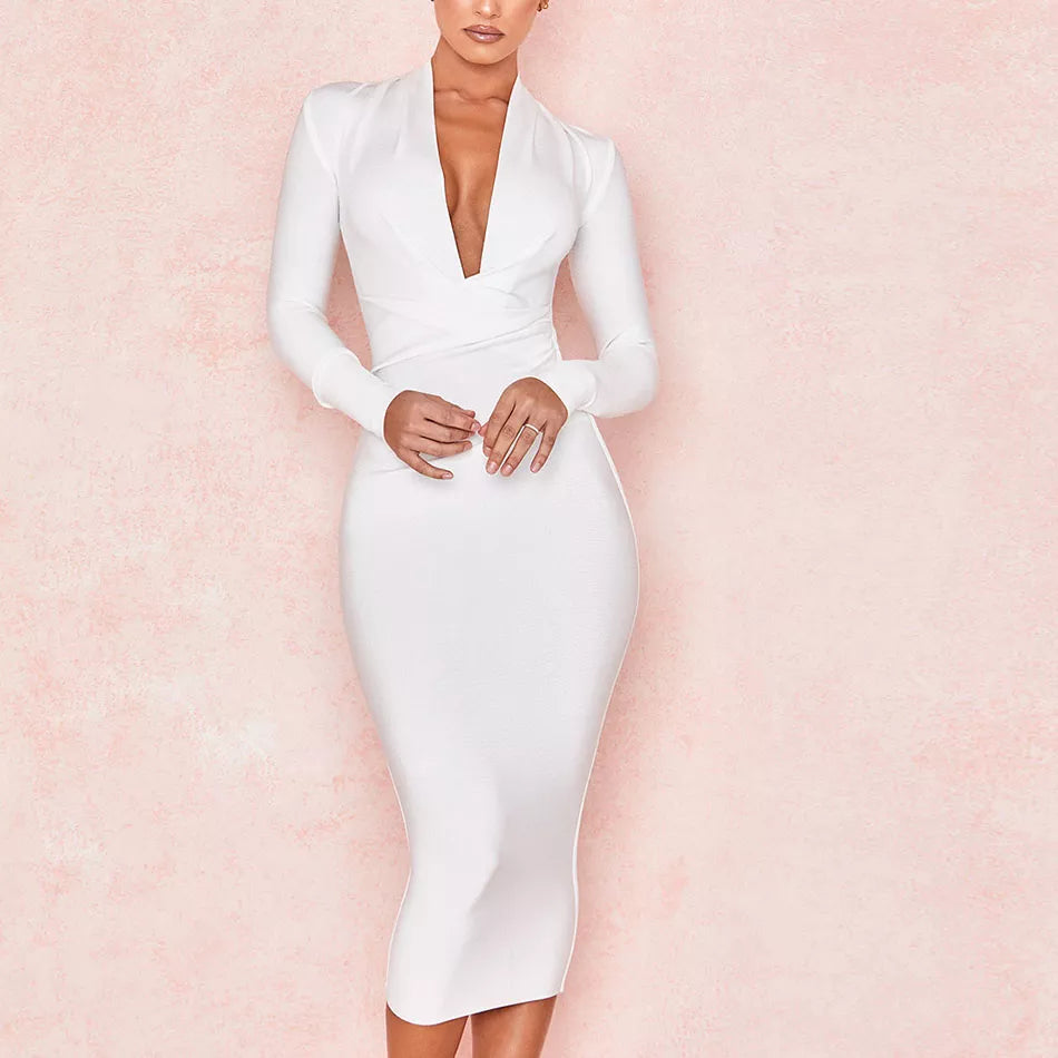 autumn Deep V Neck Women Bandage Dress Sexy Full Sleeves Solid Celebrity Bodycon Club Evening Midi Party Dress Vestidos white